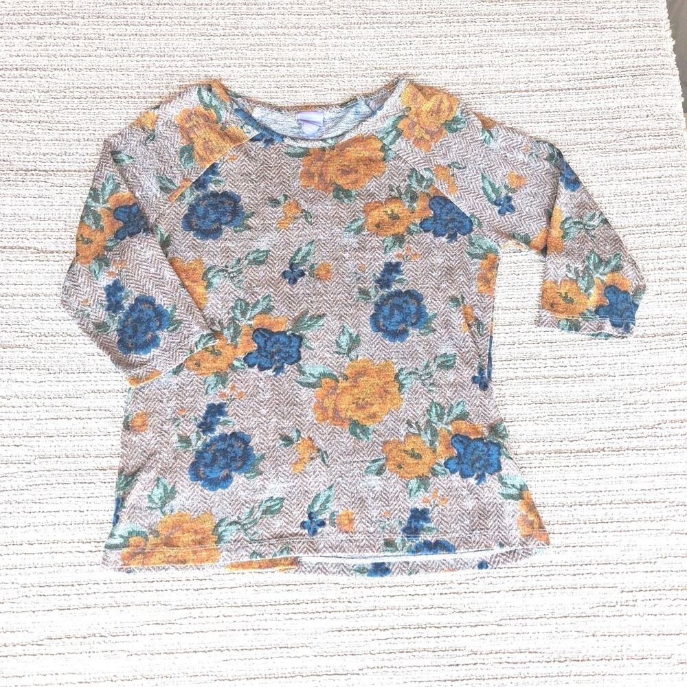 Laura Scott Women's M Blue Yellow Floral 3/4 Sleeve Knit Pullover Top Blouse